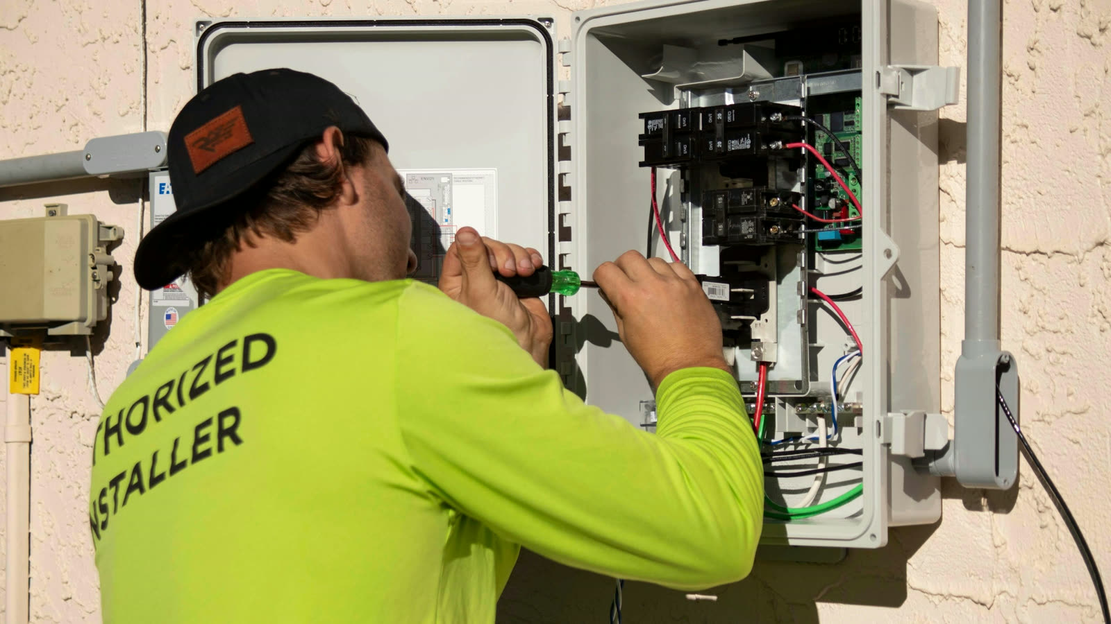 Elektrikár z tímu ELEKTRA A.B. pri práci na elektrickom rozvádzači